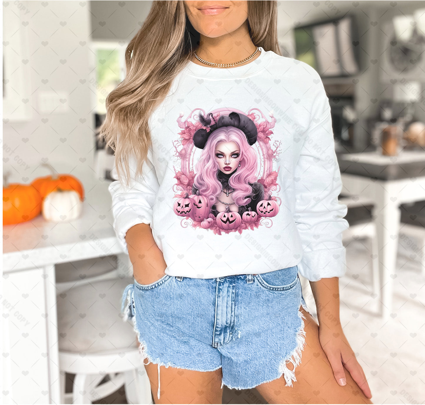 Pink Witch and Pumpkins DTF Transfer 40-40780 t-shirt